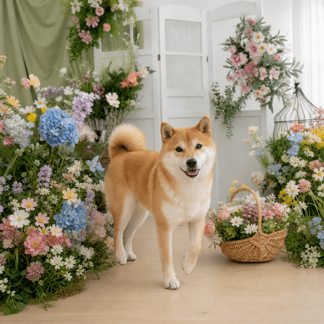 THIS FILM 花園溫室場景中的開心柴犬